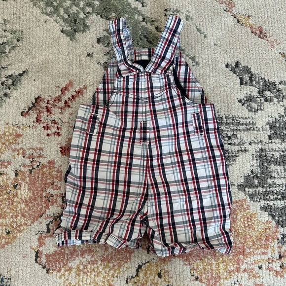 Y2K Gymboree Baby Boy Plaid Red White Blue Overalls Shortalls 6-12 M 100% Cotton - Picture 3 of 14